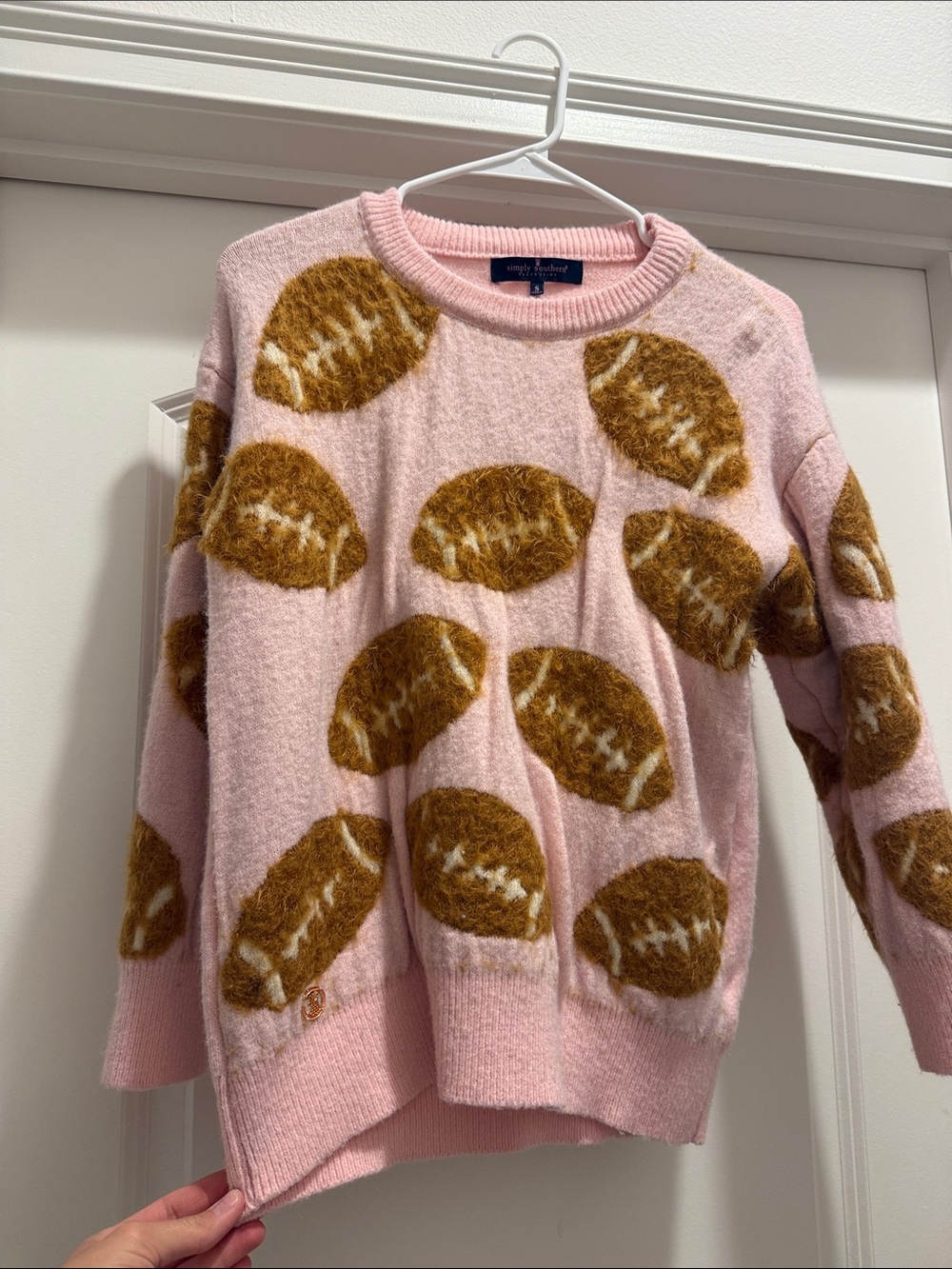 Simply Southern Pink Crewneck Sweater with Brown Football Motif